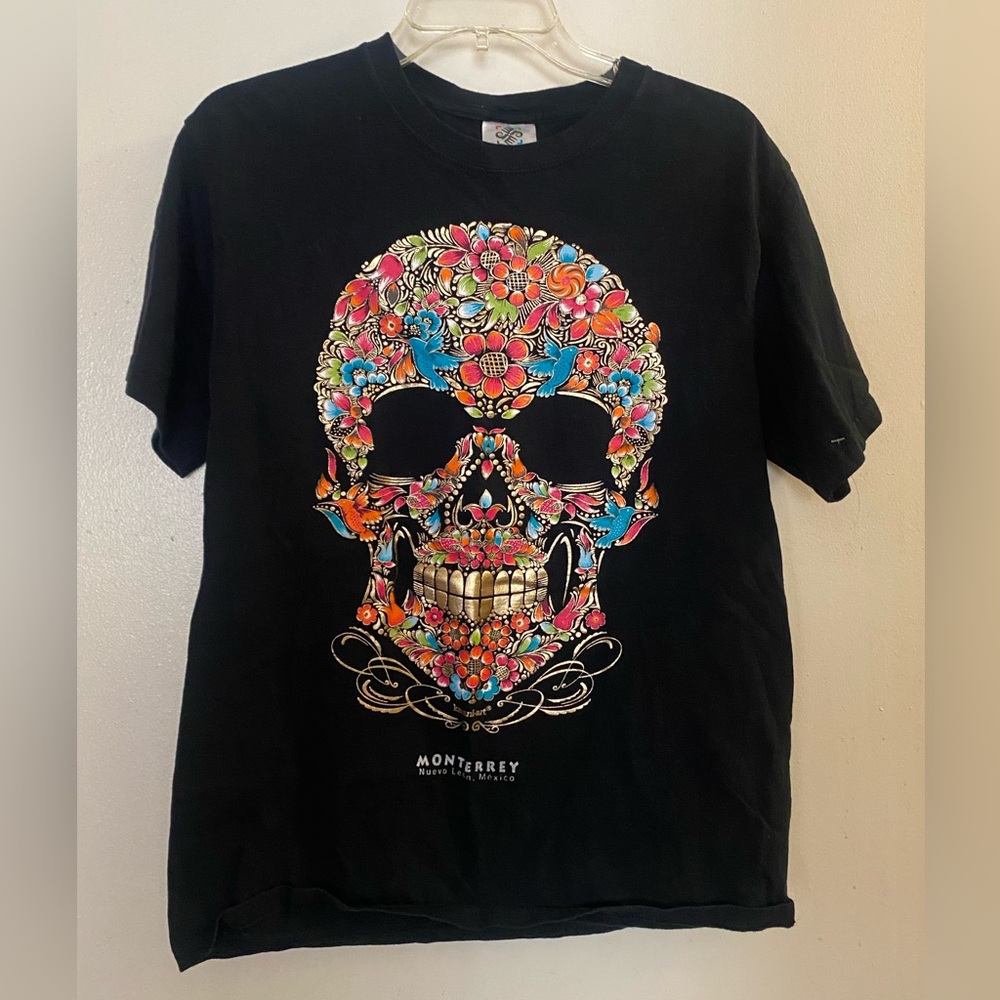 Mens T Shirt Black M Karani Art Skull Graphic Raised Multicolor Day Of The Dead